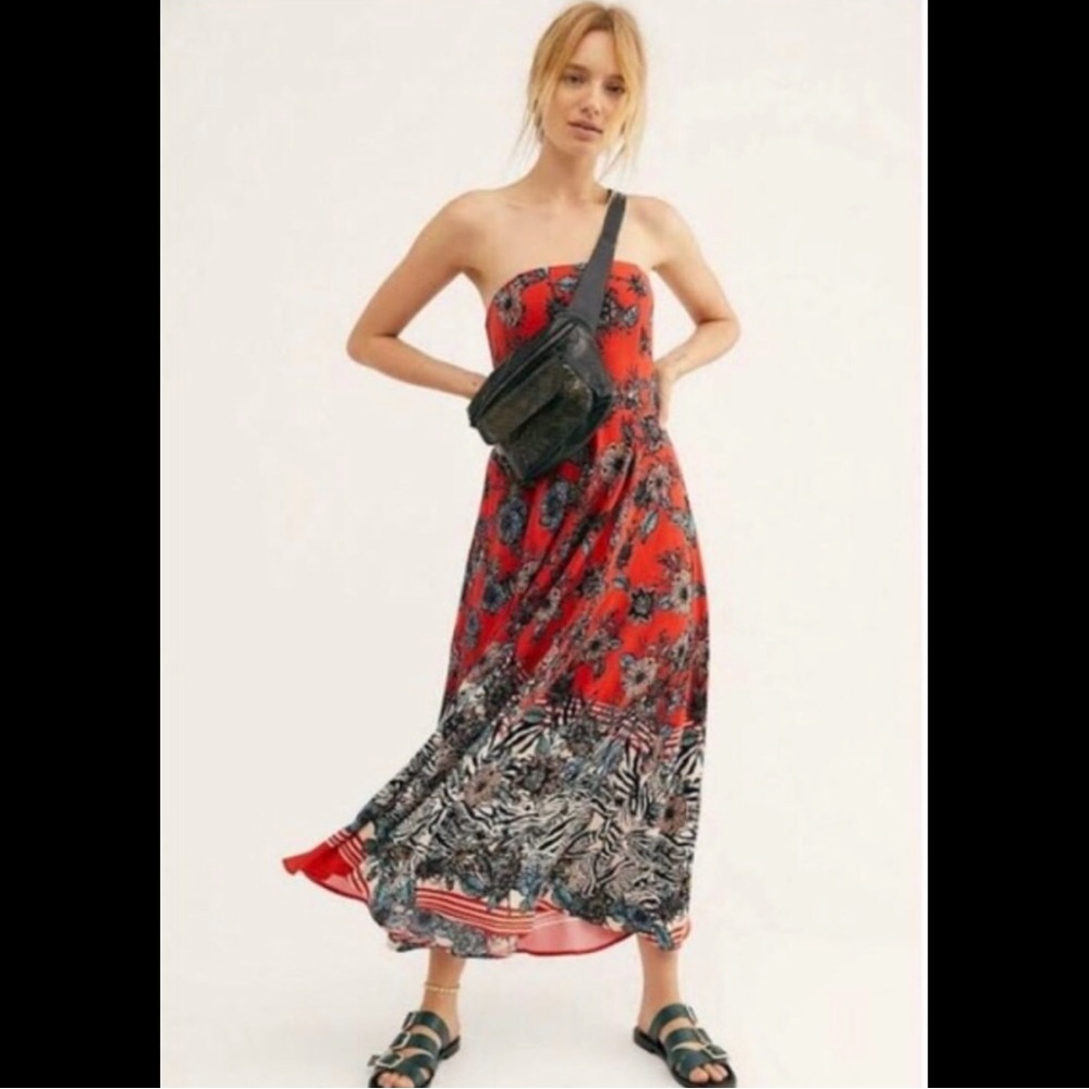 New FREE PEOPLE Mila Strapless Maxi Dress Floral Zebra Red Motif Flowy Boho NWT